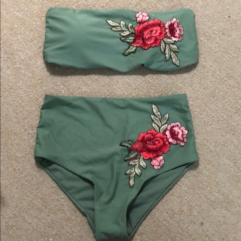 Embroidered rose High waist bikini set
